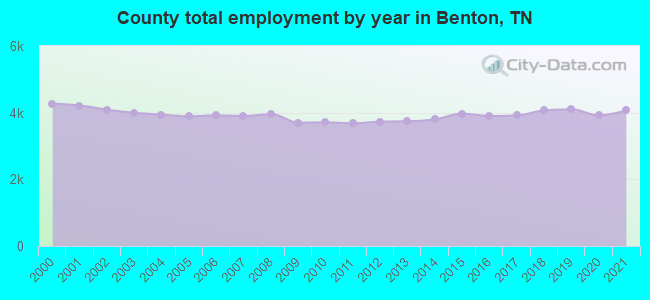 County total employment by year in Benton, TN