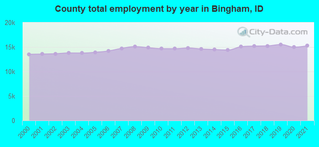 County total employment by year in Bingham, ID