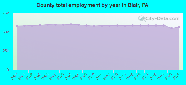 County total employment by year in Blair, PA