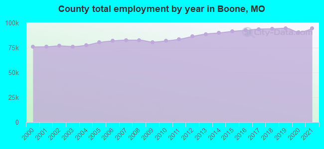 County total employment by year in Boone, MO