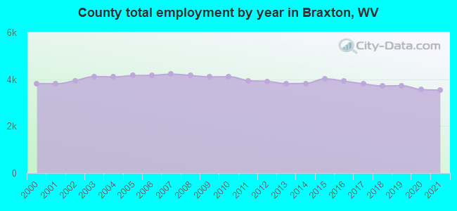 County total employment by year in Braxton, WV