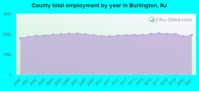 County total employment by year in Burlington, NJ