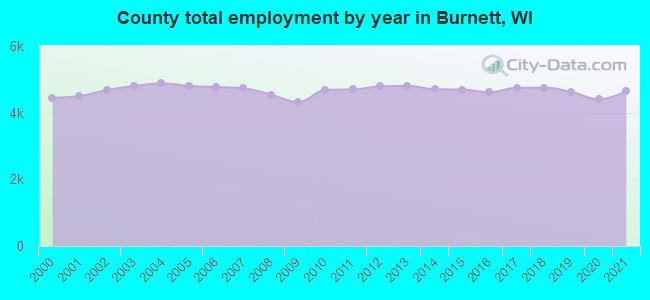 County total employment by year in Burnett, WI