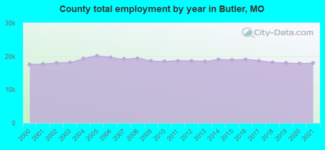 County total employment by year in Butler, MO