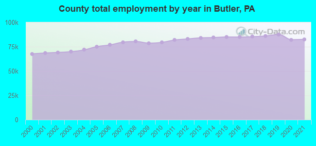 County total employment by year in Butler, PA