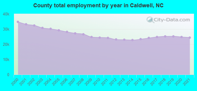 County total employment by year in Caldwell, NC
