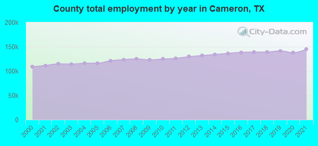 County total employment by year in Cameron, TX