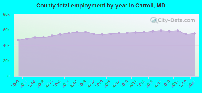County total employment by year in Carroll, MD