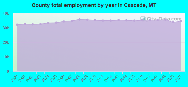 County total employment by year in Cascade, MT