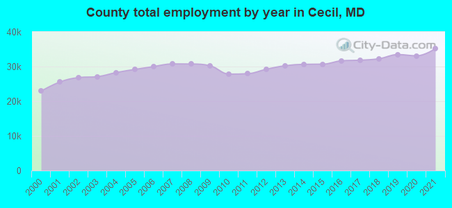 County total employment by year in Cecil, MD