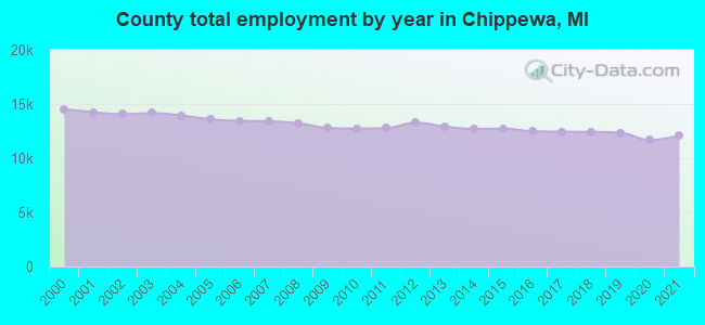 County total employment by year in Chippewa, MI