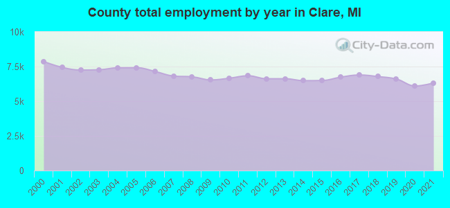 County total employment by year in Clare, MI