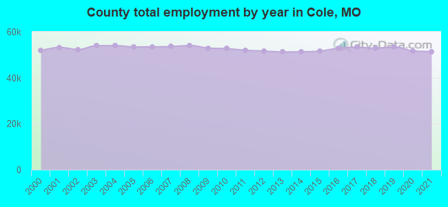 County total employment by year in Cole, MO