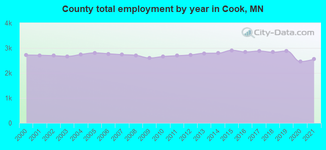 County total employment by year in Cook, MN