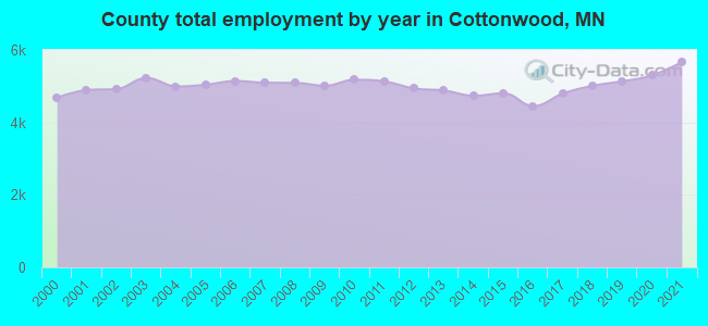 County total employment by year in Cottonwood, MN