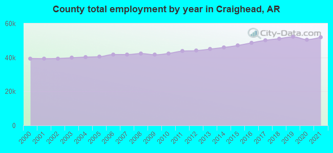 County total employment by year in Craighead, AR