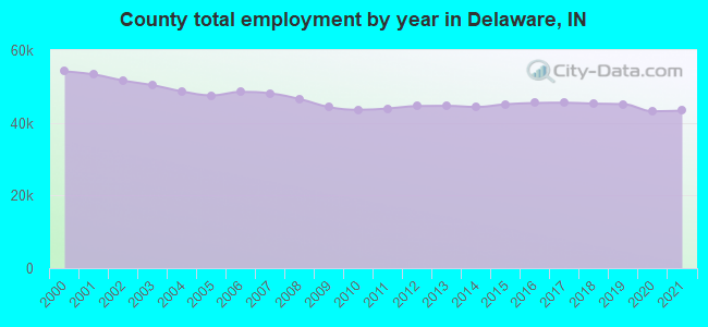 County total employment by year in Delaware, IN