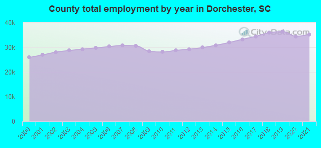 County total employment by year in Dorchester, SC