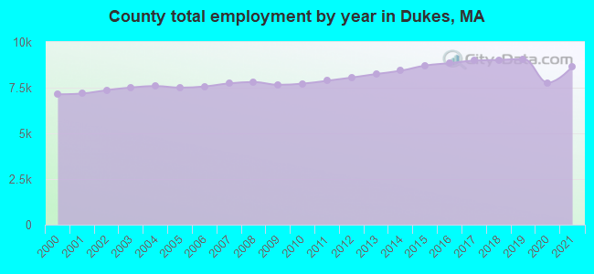 County total employment by year in Dukes, MA