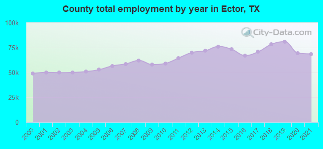 County total employment by year in Ector, TX