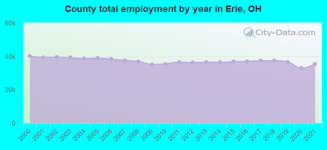 County total employment by year in Erie, OH
