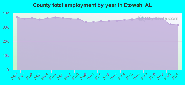 County total employment by year in Etowah, AL