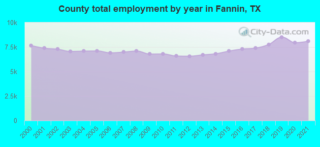 County total employment by year in Fannin, TX