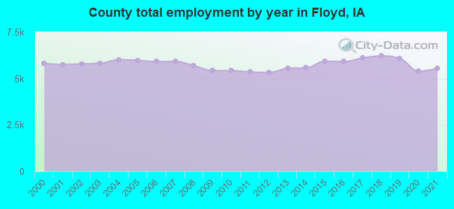 County total employment by year in Floyd, IA