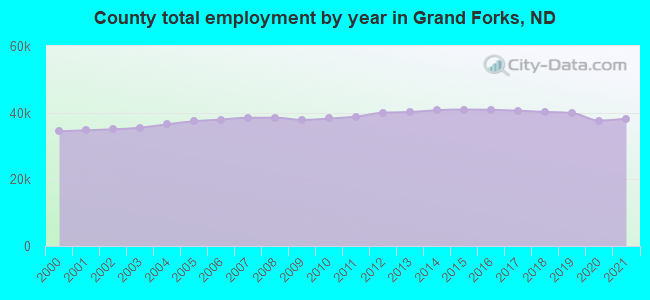 County total employment by year in Grand Forks, ND
