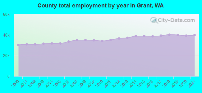 County total employment by year in Grant, WA