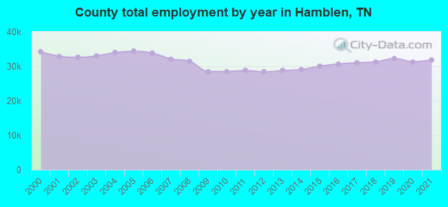 County total employment by year in Hamblen, TN