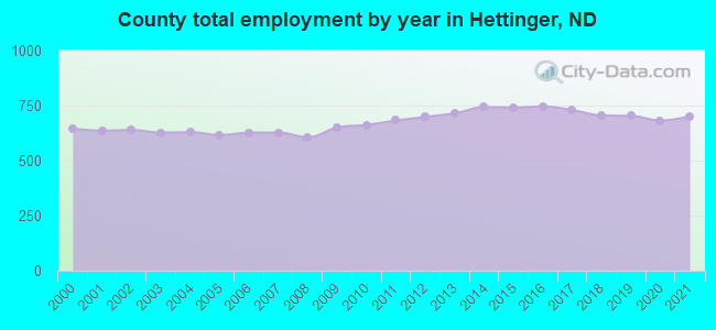 County total employment by year in Hettinger, ND
