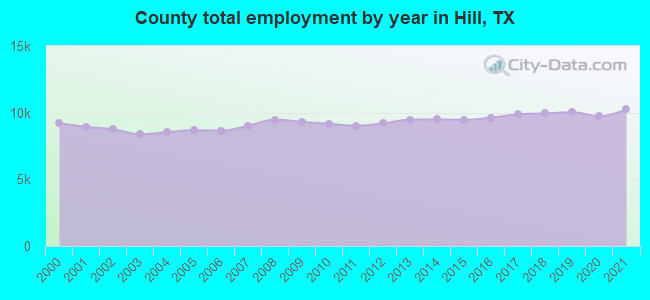 County total employment by year in Hill, TX