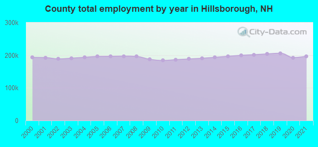 County total employment by year in Hillsborough, NH
