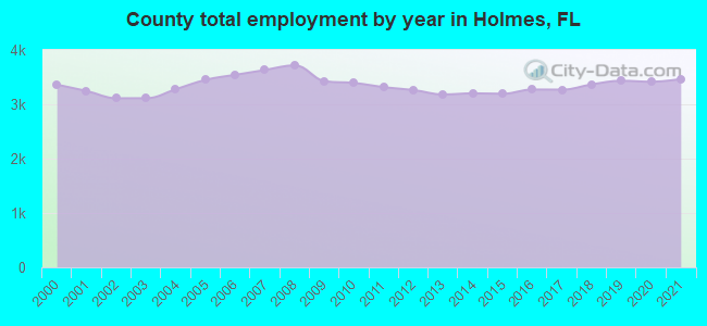 County total employment by year in Holmes, FL