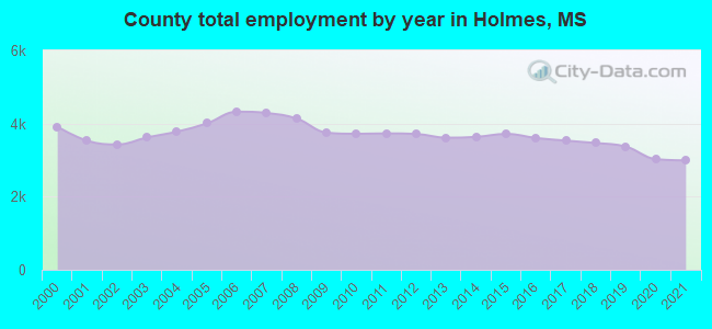County total employment by year in Holmes, MS