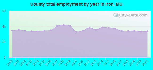 County total employment by year in Iron, MO