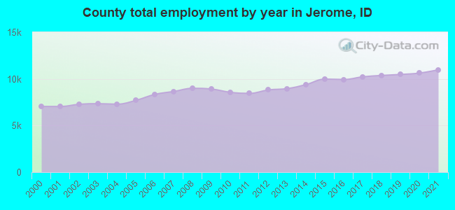 County total employment by year in Jerome, ID