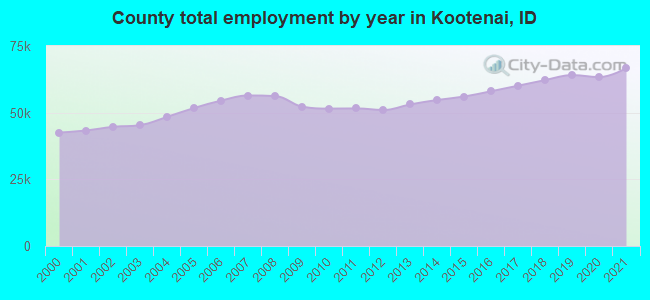 County total employment by year in Kootenai, ID