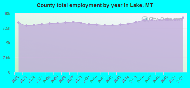 County total employment by year in Lake, MT