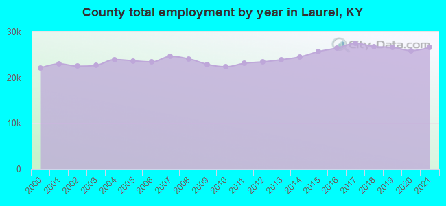 County total employment by year in Laurel, KY