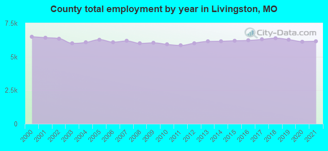 County total employment by year in Livingston, MO