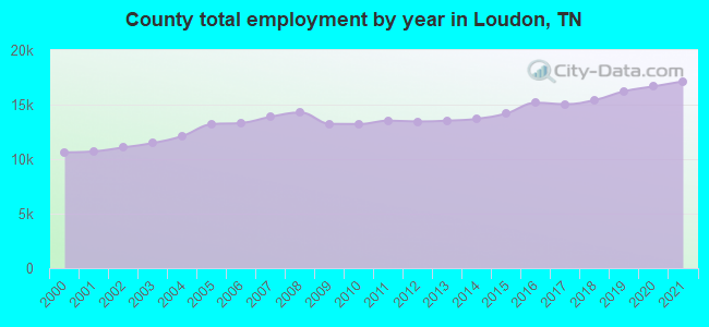 County total employment by year in Loudon, TN