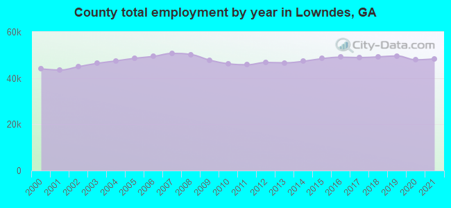 County total employment by year in Lowndes, GA