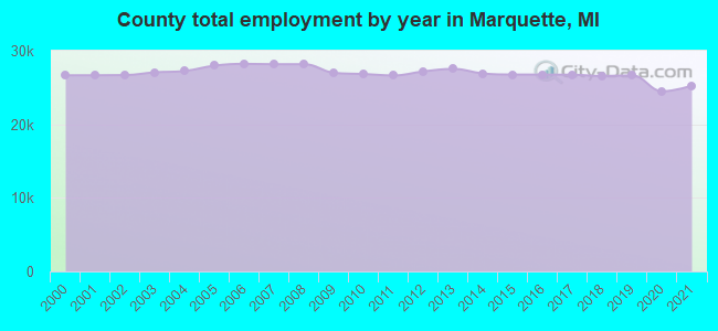 County total employment by year in Marquette, MI