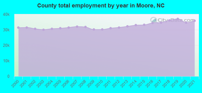 County total employment by year in Moore, NC