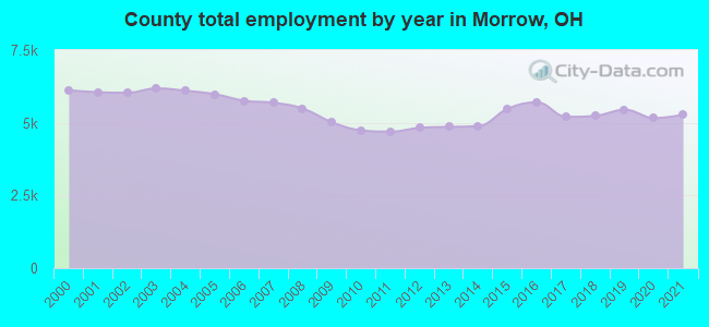 County total employment by year in Morrow, OH