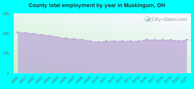 County total employment by year in Muskingum, OH