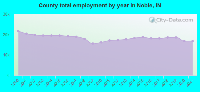 County total employment by year in Noble, IN