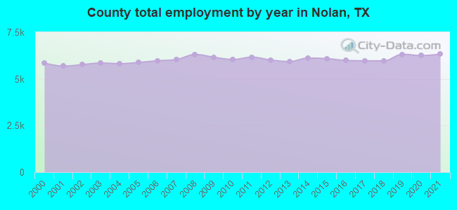 County total employment by year in Nolan, TX